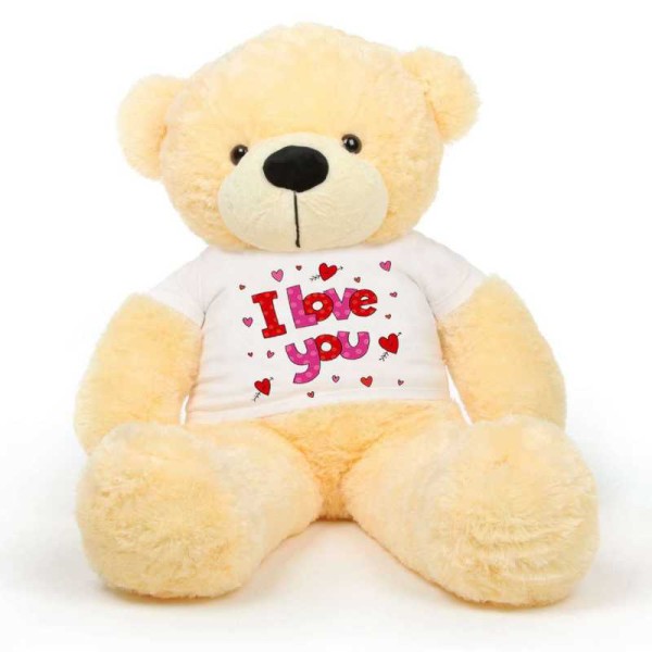 Peach 5 feet Big Teddy Bear wearing a I Love You T-shirt